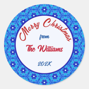 Frohe Weihnachtsfamilie Blue Tile Runder Aufkleber