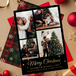 Frohe Weihnachtsfamilie Foto Collage Kariert Gold Folien Feiertagskarte<br><div class="desc">Genießen Sie die wertvollen Momente Ihrer Familie in dieser Urlaubssaison mit unserer individuellen Foto Collage Weihnachtskarte. Diese Grußkarte zeigt eine wunderschön arrangierte Sammlung von Lieblingsfotos aus der Familie, die kunstvoll kombiniert werden, um ein festliches und herzliches Design zu schaffen. Personalisieren Sie vier Ihrer wertvollsten Schnappschüsse, von offenen Momenten bis zu...</div>
