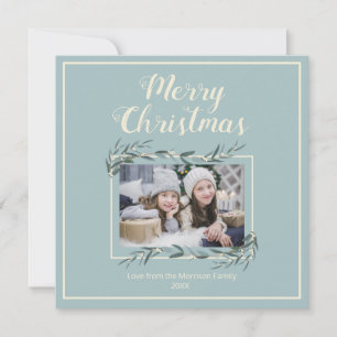 Frohe Weihnachtsfamilie Foto Eucalyptus Sprigs Feiertagskarte