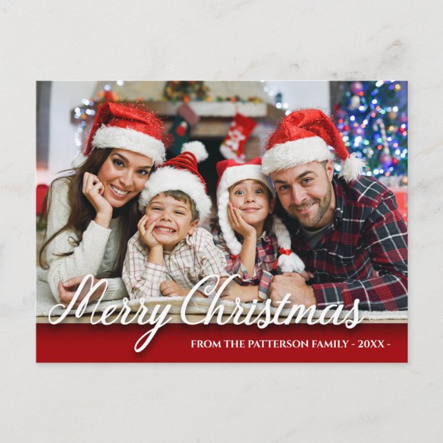 Frohe Weihnachtsfamilie Foto Modernes Rotes Postkarte (Vorderseite)