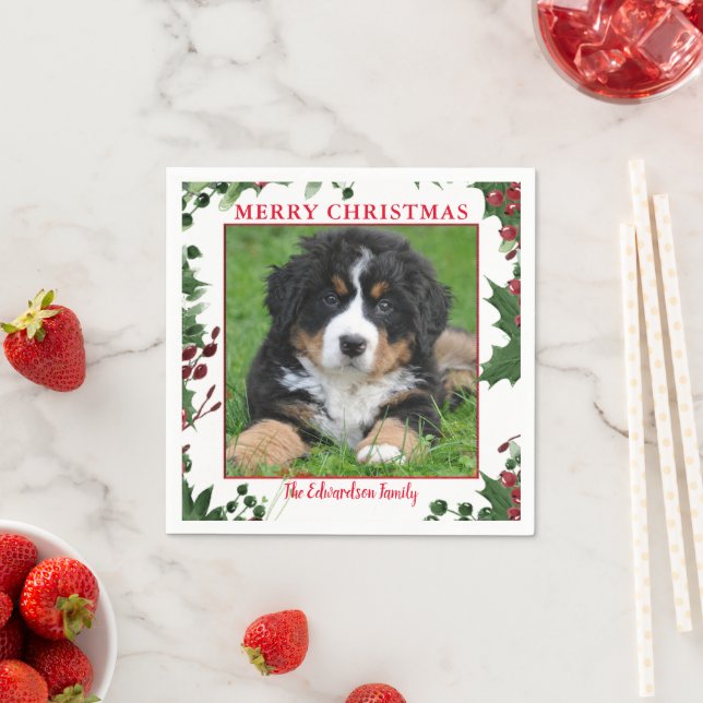 Frohe Weihnachtsfamilie Foto Monogramm Name Serviette (Beispiel)