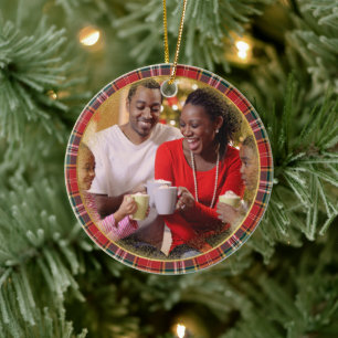 Frohe Weihnachtsfamilie Foto Red Green Kariert Keramik Ornament