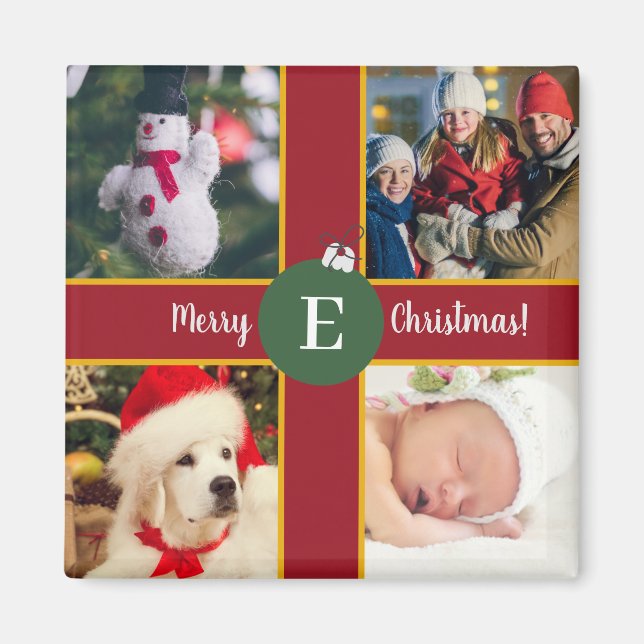Frohe Weihnachtsfamilie Foto Red Green Monogram Magnet (Vorne)