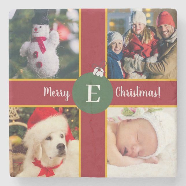Frohe Weihnachtsfamilie Foto Red Green Monogram Steinuntersetzer (Vorderseite)