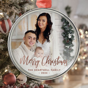 Frohe Weihnachtsfamilie Foto Rose Gold Script Ornament Aus Metall