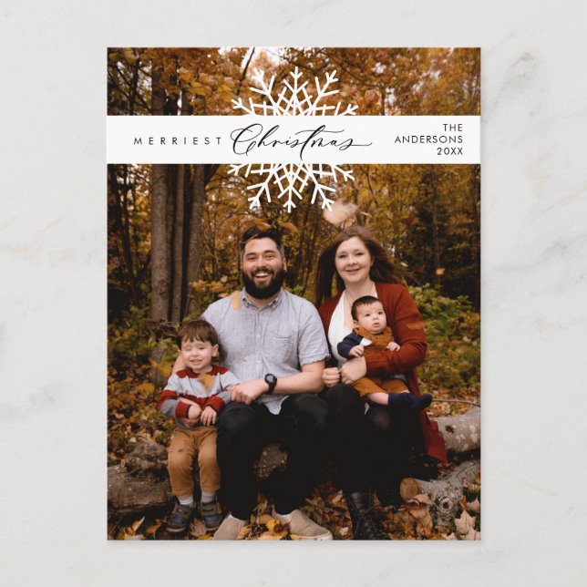 Frohe Weihnachtsfamilie Foto, Schneeflocken Postkarte (Vorderseite)