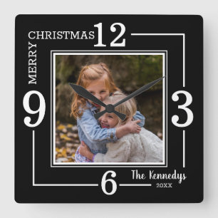 Frohe Weihnachtsfamilie Foto Schwarz und Weiß Quadratische Wanduhr
