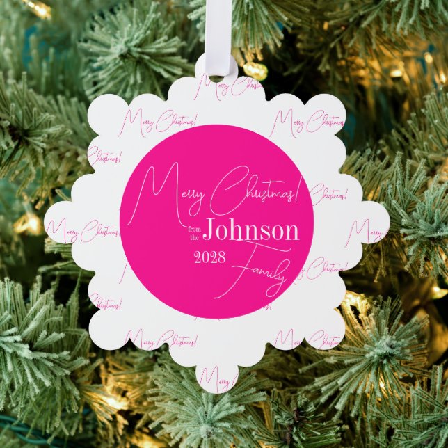 Frohe Weihnachtsfamilie Modernes Hot Pink Ornament Karte (Insitu (Baum))