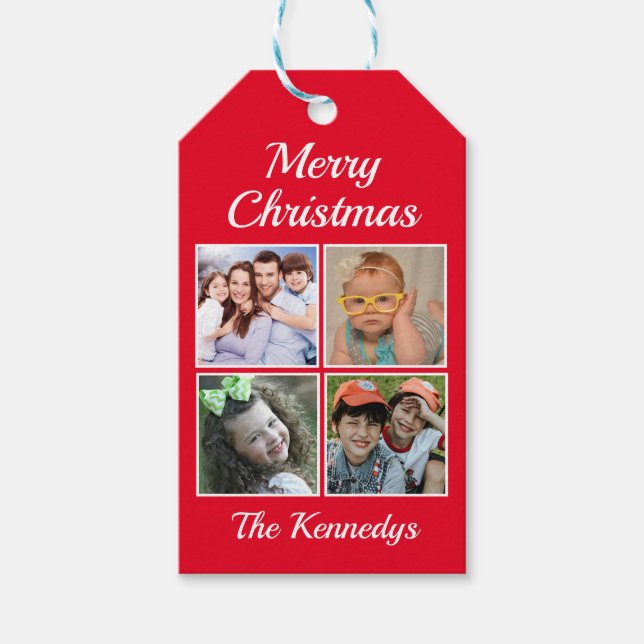Frohe Weihnachtsfamilie Name 4 Foto Collage Red Geschenkanhänger (Vorderseite)