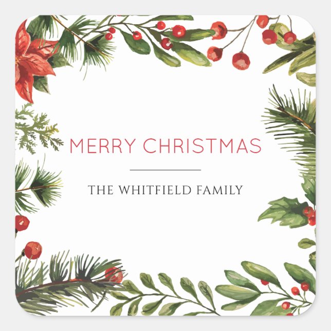 Frohe Weihnachtsfamilie Name Berries Greenery Quadratischer Aufkleber (Vorderseite)