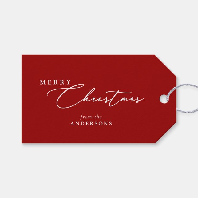 Frohe Weihnachtsfamilie Name Elegant Script Minima Geschenkanhänger (Vorderseite (Horizontal))