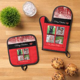 Frohe Weihnachtsfamilie Name Foto Collage Red Ofenhandschuh & Topflappen-Set