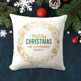 Frohe Weihnachtsfamilie Name Gold Kranz Kissen