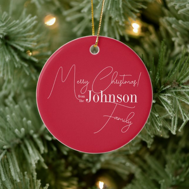 Frohe Weihnachtsfamilie Name Red Keramik Ornament (Baum)
