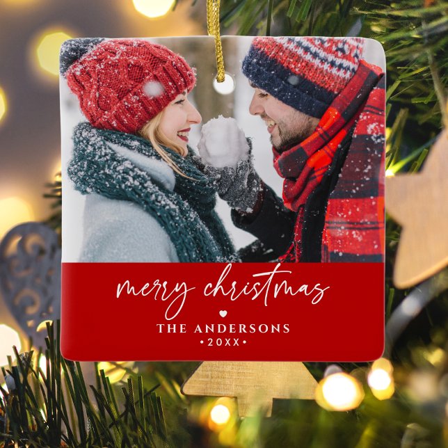 Frohe Weihnachtsfamilie/Paare-Namen 2-Foto Keramikornament (Von Creator hochgeladen)