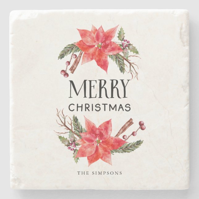 Frohe Weihnachtsfamilie Poinsettia Wreath Steinuntersetzer (Vorderseite)