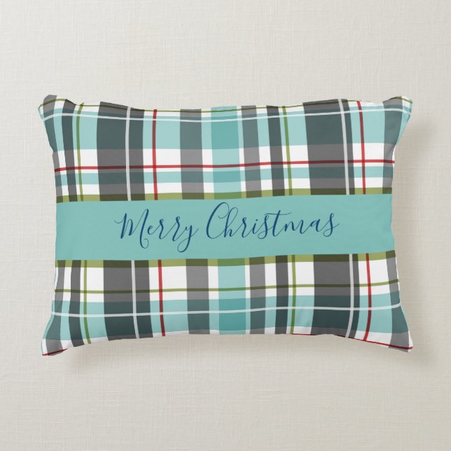 Frohe Weihnachtsfamilie Tartan Dekokissen (Vorderseite)