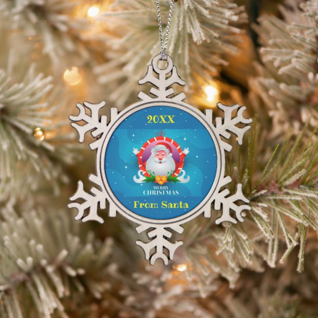 Frohe Weihnachtsfamilie und erste Schneeflocken Zinn-Ornament (Baum)