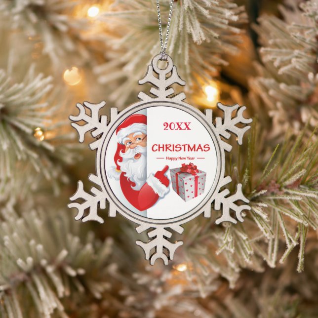 Frohe Weihnachtsfamilie und erste Schneeflocken Zinn-Ornament (Baum)