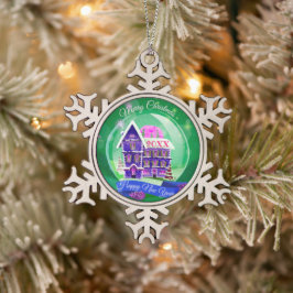 Frohe Weihnachtsfamilie und erste Schneeflocken Zinn-Ornament