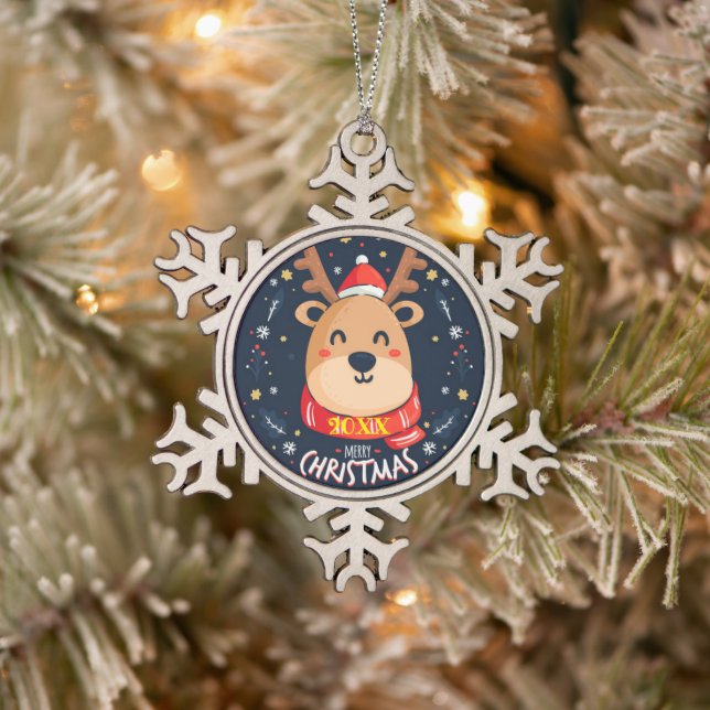 Frohe Weihnachtsfamilie und erste Schneeflocken Zinn-Ornament (Baum)