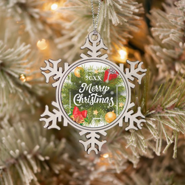 Frohe Weihnachtsfamilie und erste Schneeflocken Zinn-Ornament (Baum)