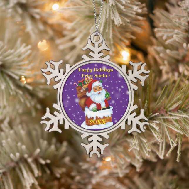 Frohe Weihnachtsfamilie und erste Schneeflocken Zinn-Ornament (Baum)