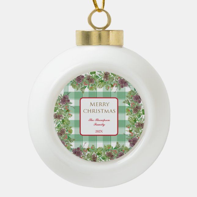 Frohe Weihnachtsfamilie wünscht Pine Bough Red Blo Keramik Kugel-Ornament (Vorderseite)