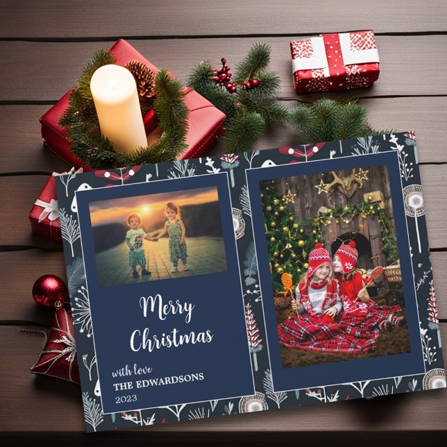 Frohe Weihnachtsfamilien Fotos Magnetkarten Magnetkarte (Family photos, Merry Christmas script, holiday card.)
