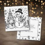 Frohe Weihnachtsfarbe Me | Snowman und Bunny Feiertagskarte<br><div class="desc">Personalisierte Weihnachtspostkarte mit Farbseiten. Farbseiten sind ein Schneemann und sonnig mit Weihnachtsbäumen,  dem Mond und Schneeflocken vorne. Die Rückseite der Postkarte hat eine Urlaubsnachricht,  die Sie personalisieren können.</div>