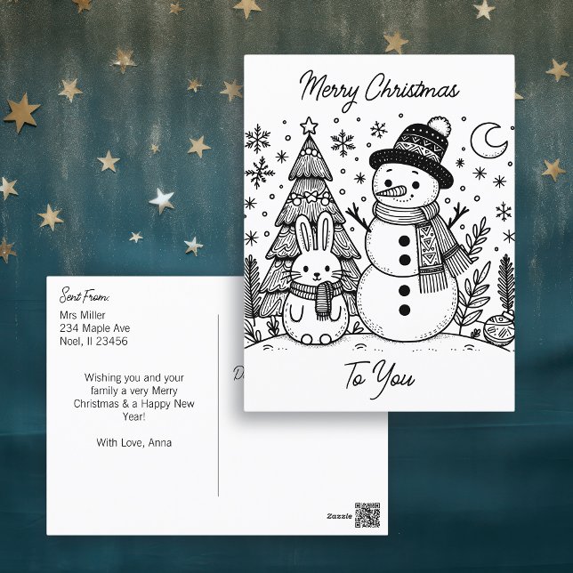 Frohe Weihnachtsfarbe Me | Snowman und Bunny Postkarte (Von Creator hochgeladen)