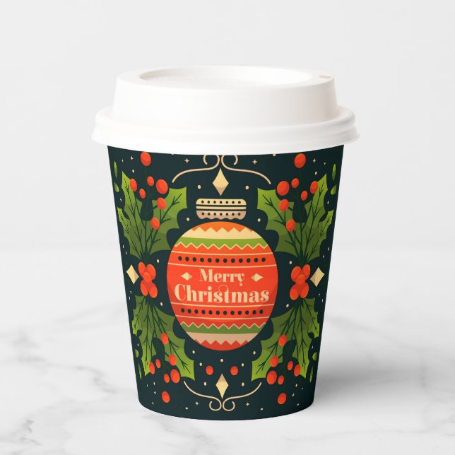 Frohe Weihnachtsfeier Bauble Floral Holly Pappbecher (Vorderseite)