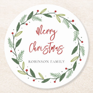 Frohe Weihnachtsfeier Handgeschriebene Familie fes Runder Pappuntersetzer