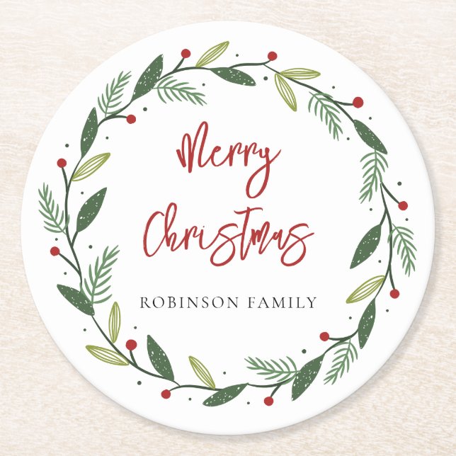 Frohe Weihnachtsfeier Handgeschriebene Familie fes Runder Pappuntersetzer (Vorderseite)