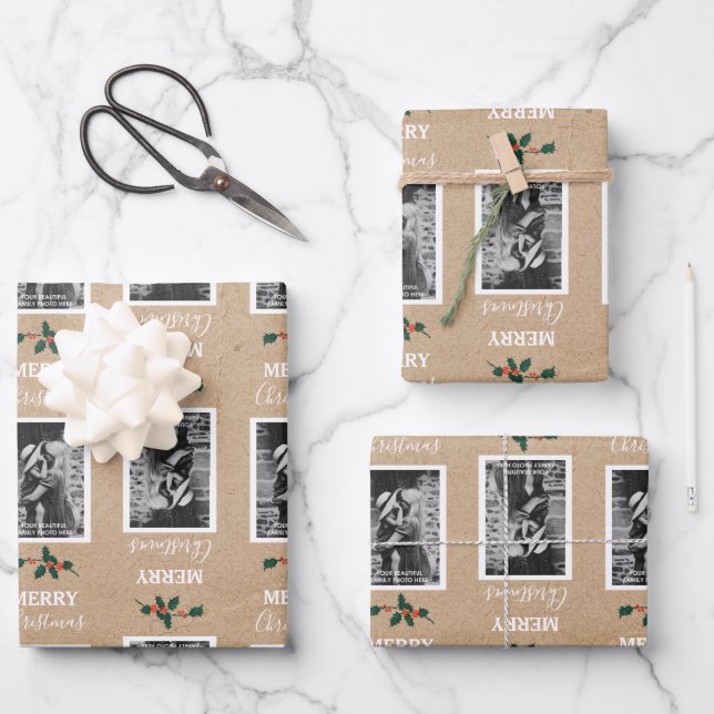 Frohe Weihnachtsfeier - individuelles Foto - Kraft Geschenkpapier Set (Vorderseite)