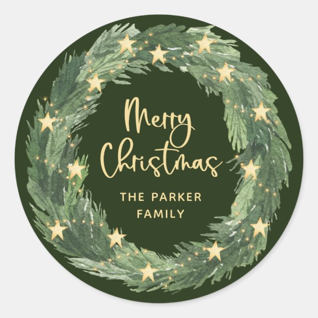 Frohe Weihnachtsfeier mit Gold Stars auf Green Runder Aufkleber (Vorderseite)