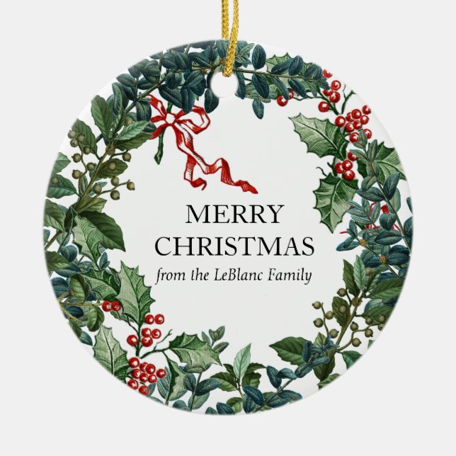 Frohe Weihnachtsfeier Personalisiert Red Bow Green Keramik Ornament (Vorne)