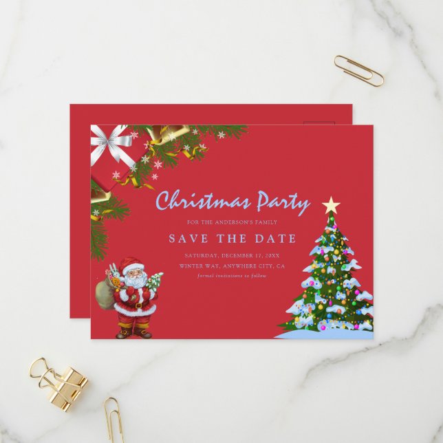 Frohe Weihnachtsfeier Save the Date Einladungspostkarte (Vorderseite/Rückseite Beispiel)