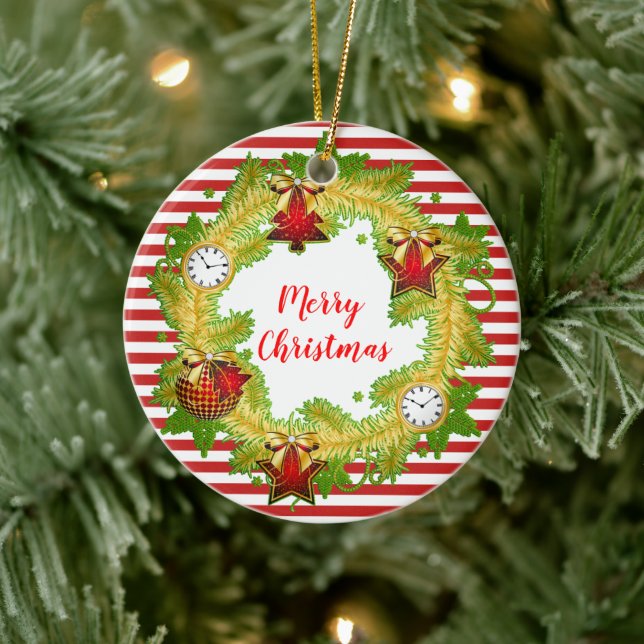 Frohe Weihnachtsfeier & Streifen Keramik Ornament (Baum)