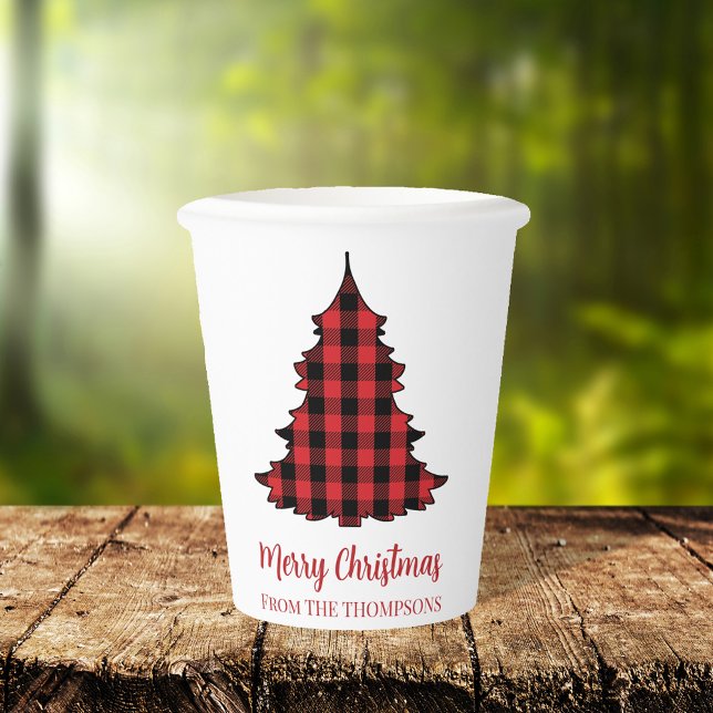 Frohe Weihnachtsfeiertage Buffalo Karo Muster Pappbecher (Merry Christmas buffalo check pattern paper cup with Christmas tree cutout)