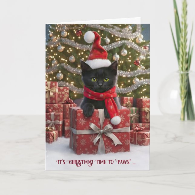 Frohe Weihnachtsfeiertage Niedliche Schwarze Katze Karte (Vorderseite)