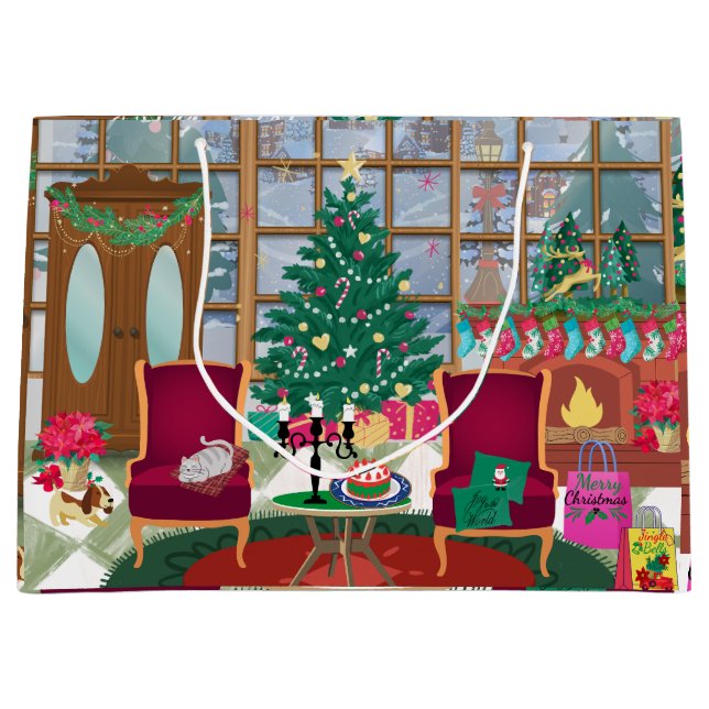 Frohe Weihnachtsfenster Dorfszene Große Geschenktüte (Vorderseite)