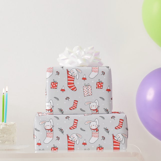 Frohe Weihnachtsferien Strumpf Katzen und Kaninche Geschenkpapier (Partygeschenke)