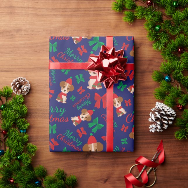 Frohe Weihnachtsferien Welpen Dunkelblau nahtlos Geschenkpapier (Feiertagsgeschenk)