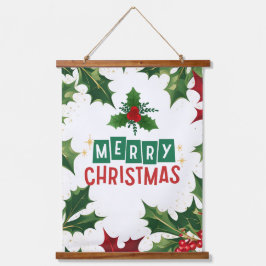 Frohe Weihnachtsferien Winter Holly Red Green Wandteppich Mit Holzrahmen