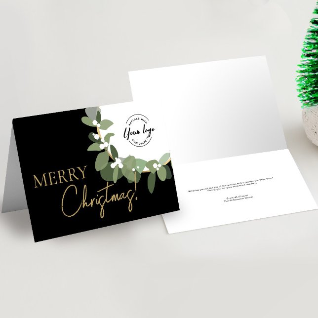 Frohe Weihnachtsfirma Logo Gold Custom Feiertagskarte (Minimal Folded Modern Wreath Custom business logo Merry Christmas Card)