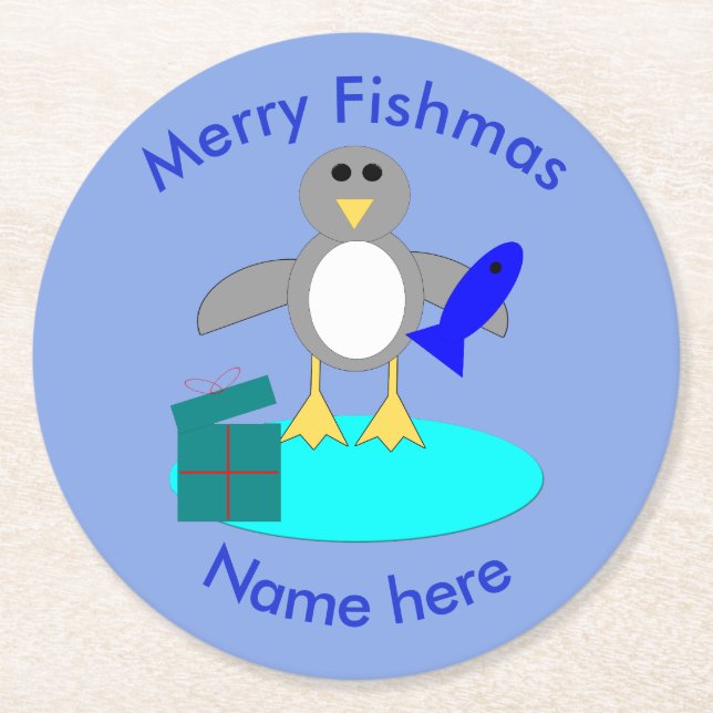 Frohe Weihnachtsfischerei Pinguin Papier Untersetz Runder Pappuntersetzer (Vorderseite)