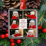 Frohe Weihnachtsfoto Collage Niedlich Personalisie Ornament Aus Metall<br><div class="desc">Dieses niedliche personalisierte Weihnachtsschmuck zeichnet sich durch ein elegantes Layout von 6 Fotos aus,  die auf einem weißen Hintergrund mit hübscher rot-grüner Typografie gestaltet sind. Dieses wunderschöne Kinderhotel mit Foto-Dekor und eigenem Kinderfoto-Collage umgibt Ihre festliche Botschaft und den Familiennamen in Rot.</div>