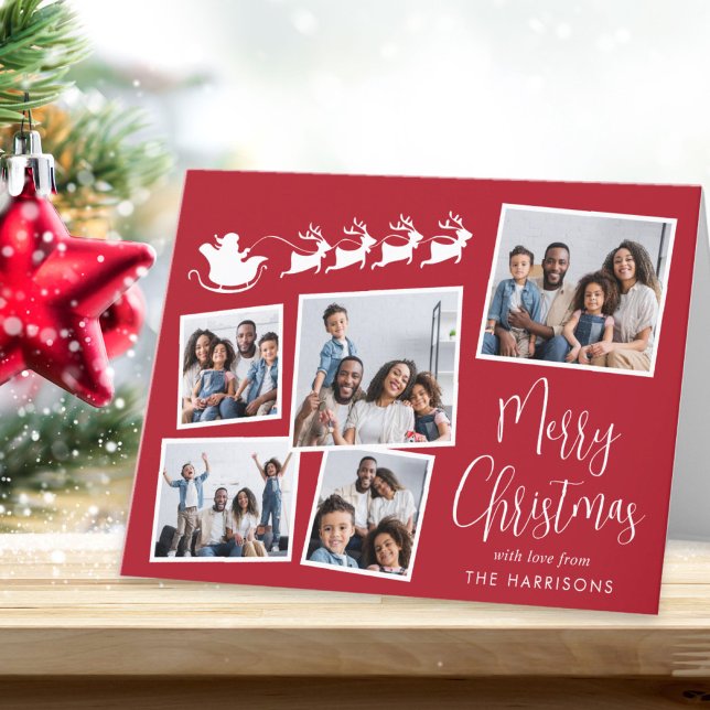 Frohe Weihnachtsfoto Collage Santa Sleigh Feiertagskarte (Share the love and warmth of the season with your personalized photo Christmas card)