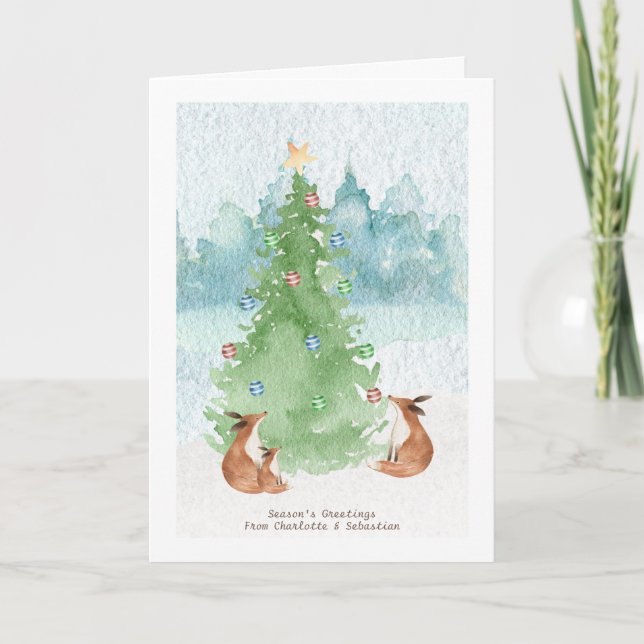 Frohe Weihnachtsfoxfamilie mit Baumwasserfarbe Karte (Vorderseite)
